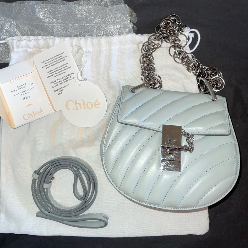 CHLOE Mini Drew Bijou Quilted Smooth Calfskin Shoulder Bag - Airy Grey/Baby Blue